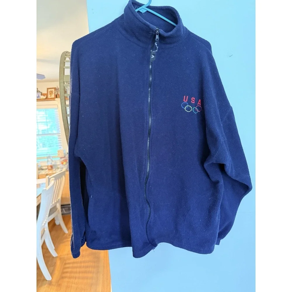 USA Olympics Fleece Jacket Mens Large XL Navy Blue Full Zip USA Made Embroidered